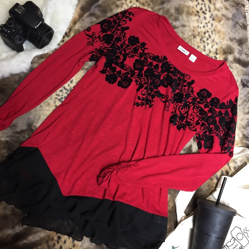 Red and black long sleeve blouse
